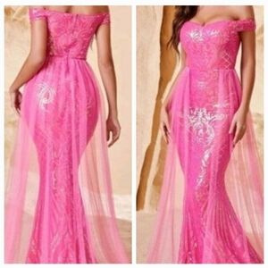 Hot Pink Mesh, Sequined, Mermaid Premium Brand And Quality Gown